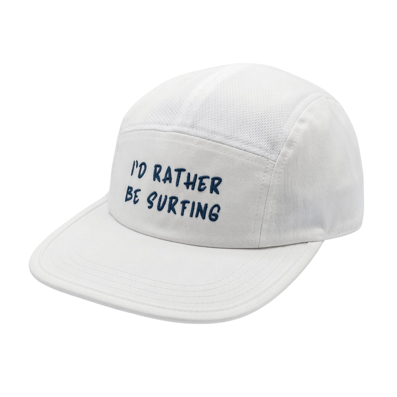 White surf lifestyle hat with embroidered 'I'd Rather Be Surfing' text, front view