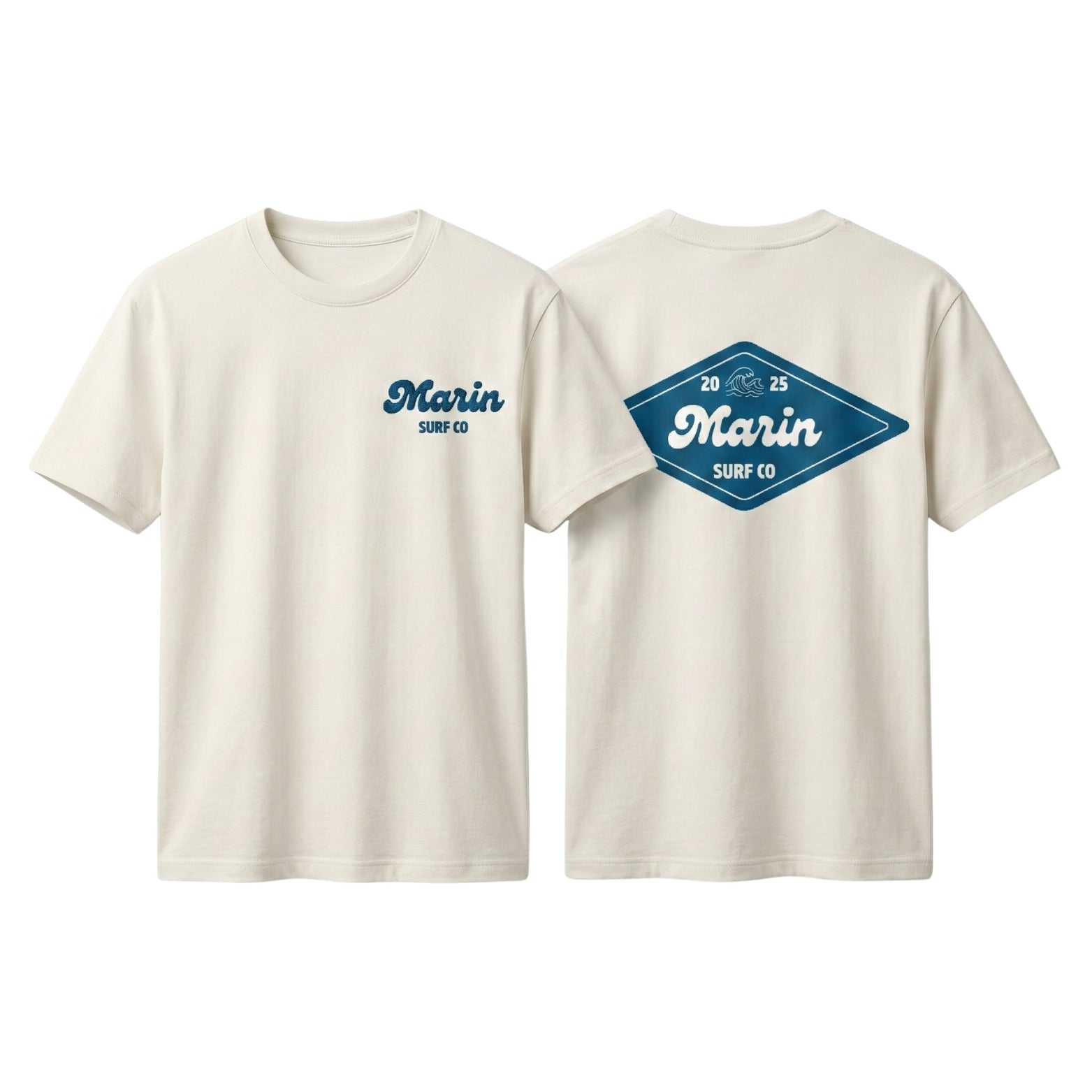 White surf lifestyle t-shirt with blue Marin Surf Co graphic on front and large back logo