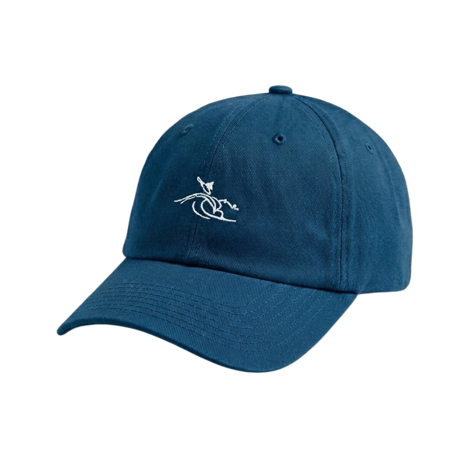 Blue surf lifestyle hat with embroidered wave and surfer design, front view