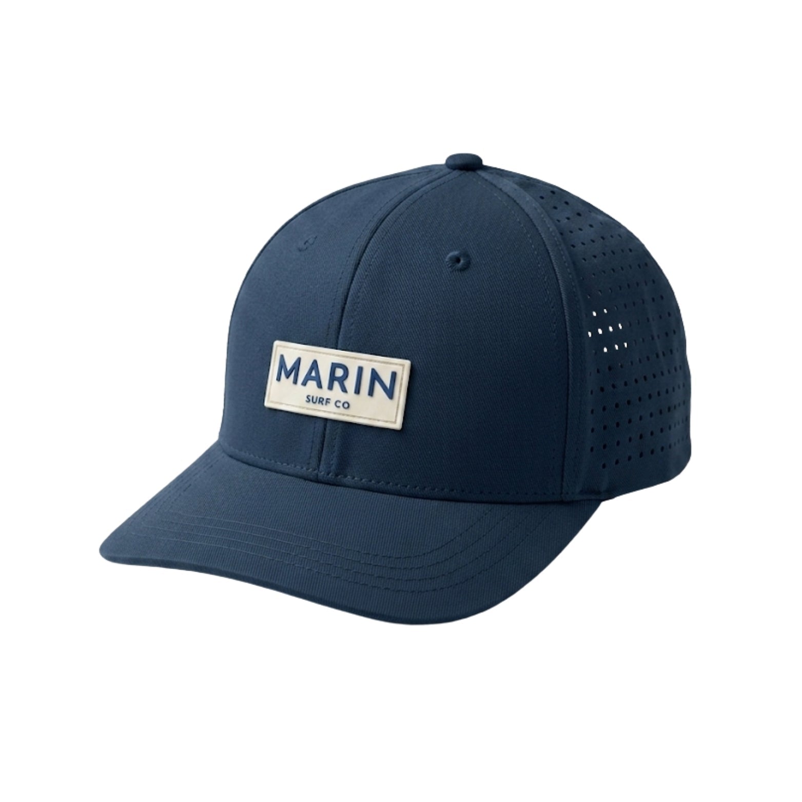Navy blue performance hat with mesh sides and Marin Surf Co patch on front